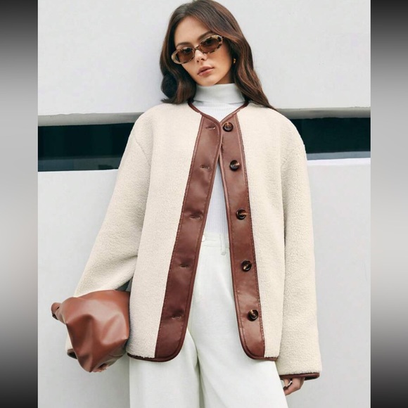 Contrast ivory & brown button front teddy faux Sherpa overcoat jacket cardigan - Picture 2 of 8